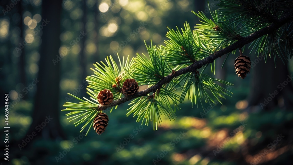 Poster shallow focus on a pine or fir tree branch close-up with a fluffy appearance