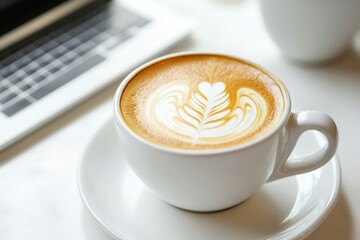 White office desk table with laptop computer, cup of hot latte coffee and office supplies