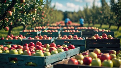 Summer and autumn harvests of organic, healthy apples are manually packed into pallets for shipping in Ukraine.