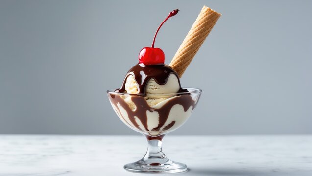Delightful vanilla ice cream treat with chocolate syrup, crunchy wafer, and cherry topping