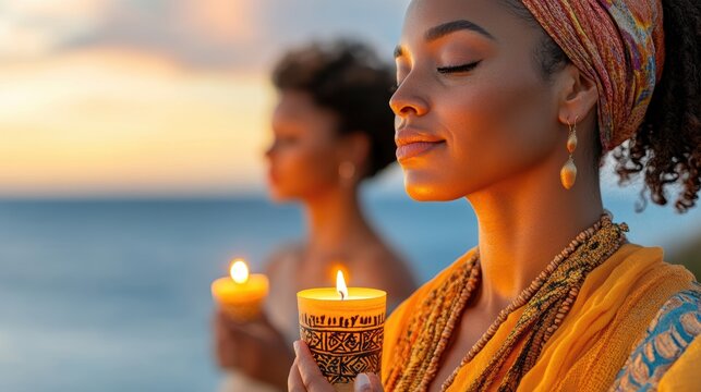 interfaith candle ceremony, diverse group in traditional attire, holding candles, praying outdoors at sunset for pentecost service