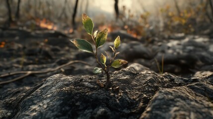 New growth emerging in burned forest after wildfire destruction
