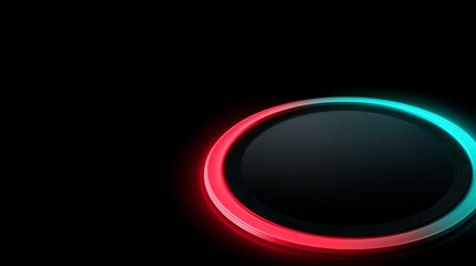 A top-down view reveals a circular panel featuring glowing rings in red and cyan. Layered technical details are visible at the center, with ample copy space