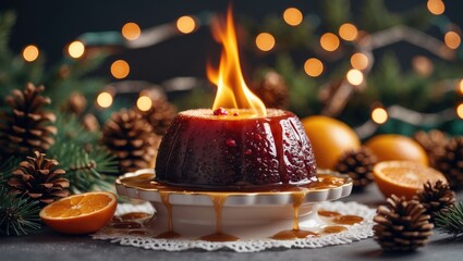 Traditional scene featuring flaming festive pudding