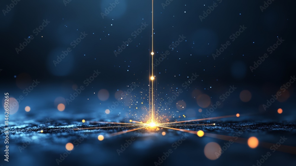 Poster Blue background with a yellow line that is shooting out of the screen. The background is filled with small dots that are scattered throughout the image