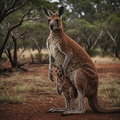Fototapeta premium Kangaroo with a Joey in Its Pouch.