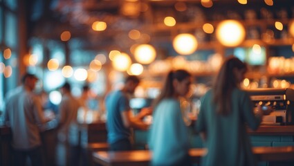 Urban coffee shop ambiance featuring a blurred interior with warm lighting and customer activity