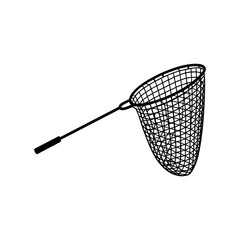 Fishing Net Silhouette: A stark silhouette of a fishing net, poised for action, with its fine mesh and long handle, captures a moment of angling, evokes a sense of the outdoors, tranquility.