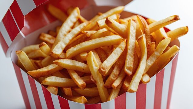 Potatoes for French fries in a striped container