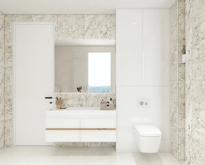 Elegant bathroom with textured stone walls, floating vanity, large mirror, wall-mounted toilet, and minimal decor, offering a clean, modern look with natural warmth and light