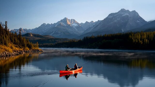 Two people canoeing at sunrise on a calm mountain lake surrounded by pine forest and majestic peaks in the background, nature travel scene &mdash; Generative AI
