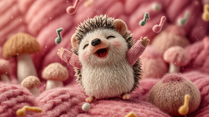 Obraz premium Cheerful cartoon hedgehog sings with musical notes. Playful happy hedgehog singing, joy expression. Illustration features cute character in whimsical atmosphere of fun, creativity, adorable design