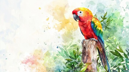 Obraz premium A colorful parrot sits atop a wooden stump, surrounded by lush green leaves. The bright colors of the parrot contrast beautifully with the soft background hues, creating a lively atmosphere