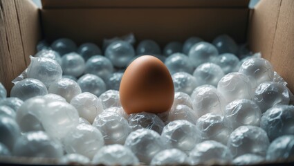 Chicken egg on bubble wrap air cushion background inside a cardboard box, showcasing protection concept