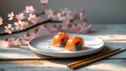 Floral-themed Japanese cuisine featuring tuna sushi, cherry blossom branch, and chopsticks on a stylish table setting