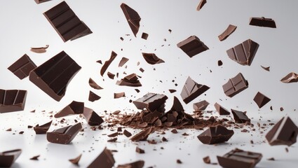 Isolated levitating chocolate pieces on background. Top view of flying shavings and crumbs. Flat lay arrangement.