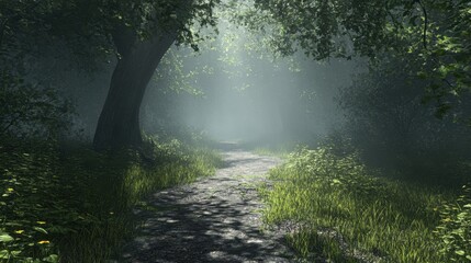 Obraz premium Pov view from a path in dark misty forest