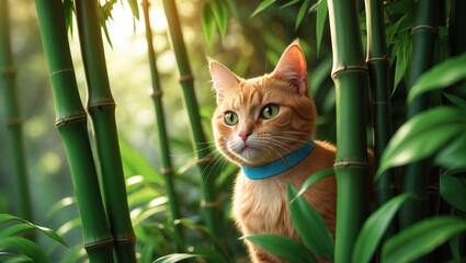 Curious cat lurking behind bamboo in a lush tropical landscape