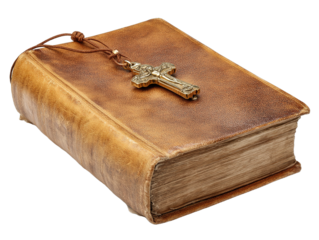 christian bible book with cross isolated on white or transparent png