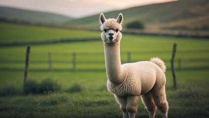 Fototapeta premium Young alpaca mammal positioned in a vibrant green pasture