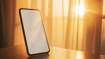 A cellphone with a white screen on a window with sheer curtains and warm light. smartphone mockup