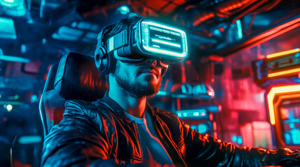 A virtual reality gamer immersed in a sci-fi game environment