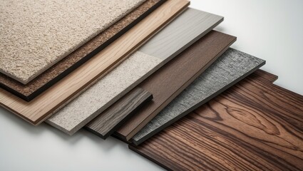 Sample collection of engineered wood flooring in diverse colors and textures, designed to match interior wallpaper, isolated on a background with clipping path.
