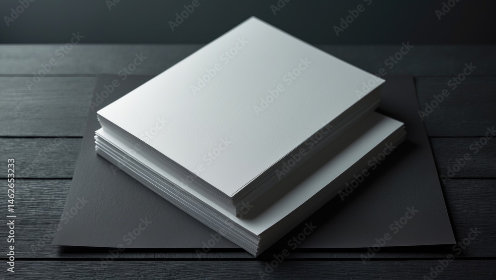 Poster top view of stacked blank sheets for brochure on background. mockup