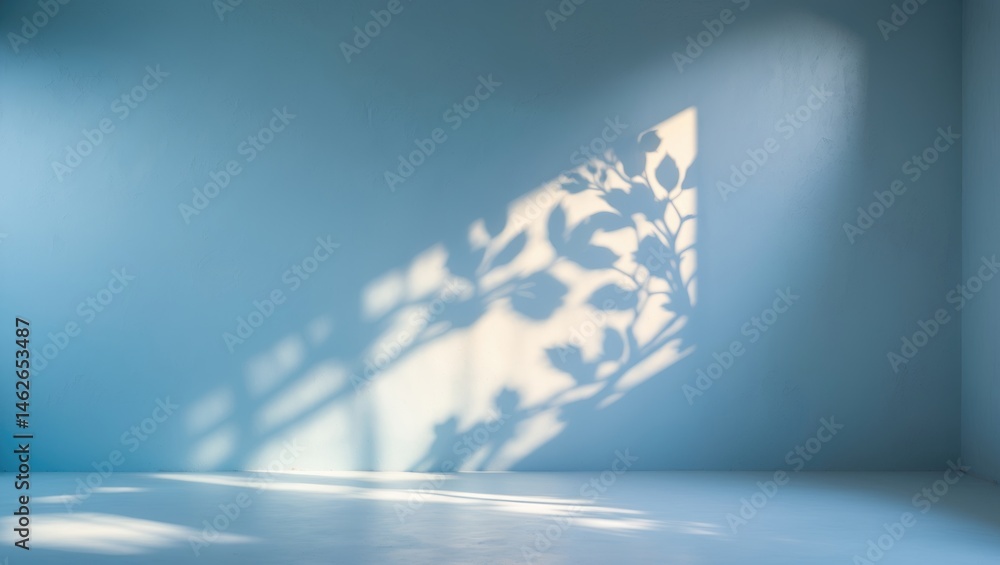 Poster simple abstract light blue setting with intricate wall shadows from branches for showcasing products