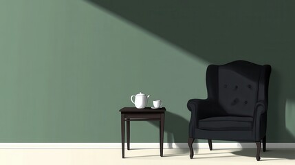 Upholstered, dark armchair and an industrial side table with a tea kettle and cup in a minimalist living room interior with a green corner illustration , no logos, no brands