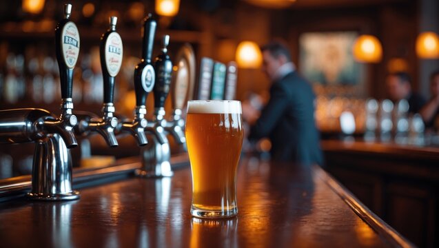 England's classic pub scene featuring a wooden bar and a beer tap with a pint of lager
