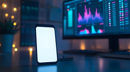 Fototapeta premium A cellphone with a white screen beside a monitor screen in the background showing graphs. smartphone mockup