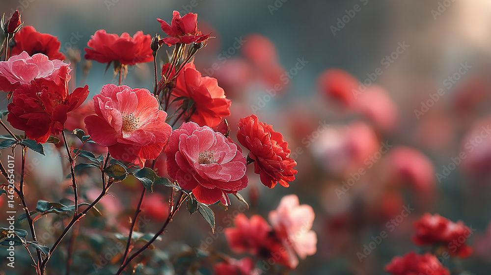 Canvas Prints field of red roses in warm sunset light. soft focus shallow depth of field creates a soft landscape 