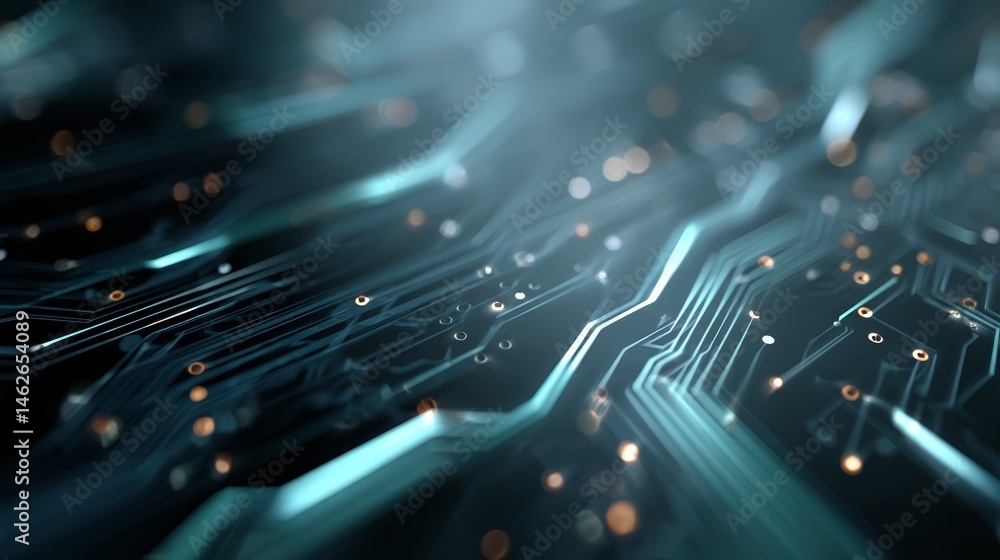 Poster Intricate circuit patterns illuminate softly on a digital tablet set in a modern workspace, symbolizing advanced technology and tech maintenance