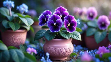 Naklejka premium Blooming African violet plant in a pink pot featuring small blue and white flowers