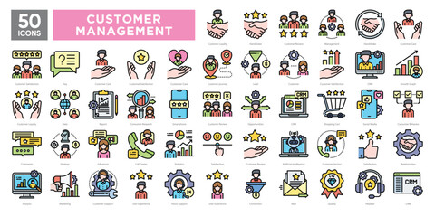 Customer relationship management icons collection set, featuring support, loyalty, analytics, communication, and user experience. Ideal for CRM systems, marketing, and business tools.