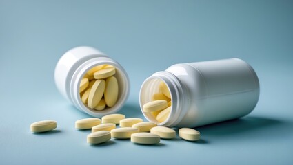Two white medication jars, one shut and the other with spilled pills on a white background with copy space