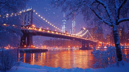 Fototapeta premium Manhattan Bridge Winter View with Snowfall and City Lights