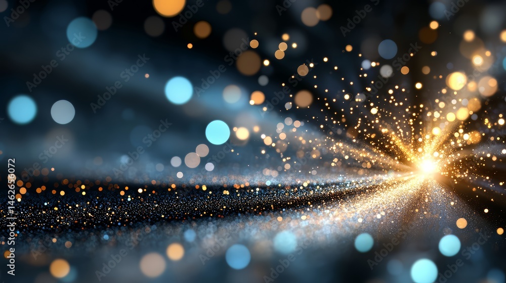 Fototapete Bright light is shining on a dark background, creating a sparkling effect. The light is surrounded by a series of small, colorful dots that seem to be floating in the air. Scene is one of excitement