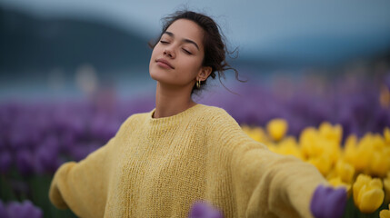 Teen in Tulip Field with Outstretched Arms and Flowing Hair
