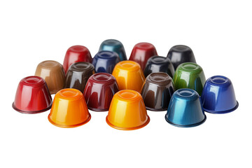 Collection of colorful coffee capsules, transparent background.