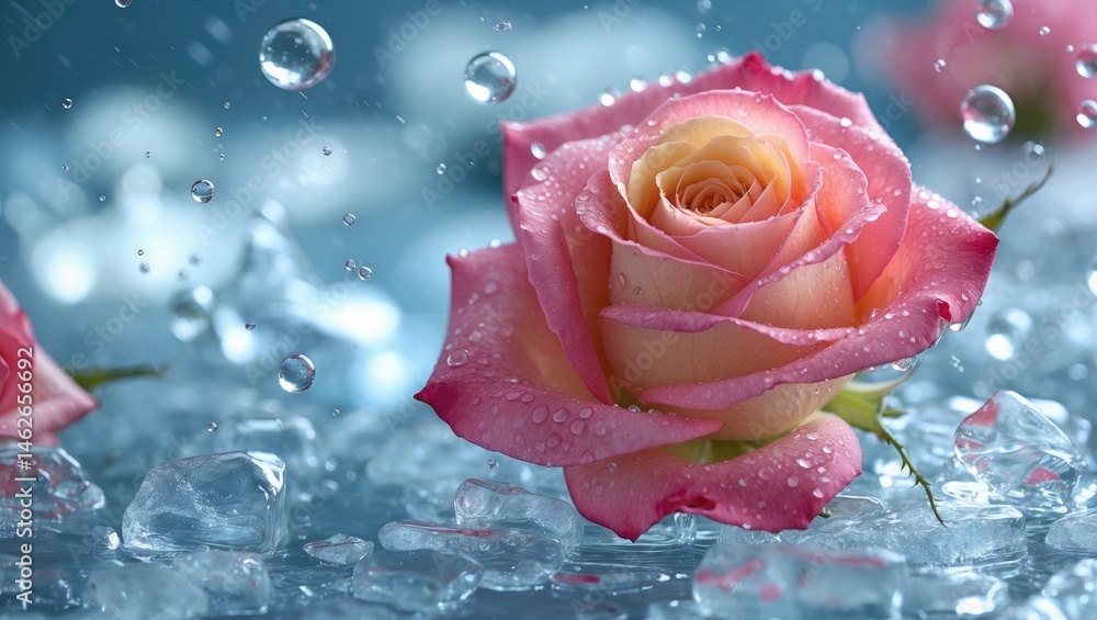 Poster ice-covered red rose with abstract texture and pattern