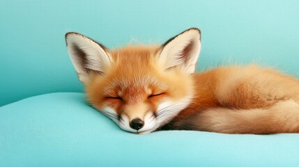 Adorable red fox kit sleeping peacefully on soft blue background