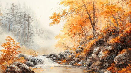 A tranquil river flows gently through a forest adorned with bright orange foliage. Mist blankets the area, adding a dreamlike quality to the breathtaking autumn scene
