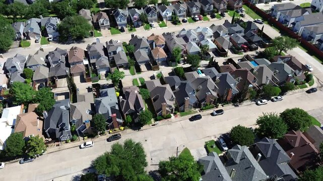 Narrow lot houses with compact backyard garden and swimming pool in North Dallas, two story homes near Josey Lane, Dennis Road, deep lot home width is significantly shorter than length, flyover