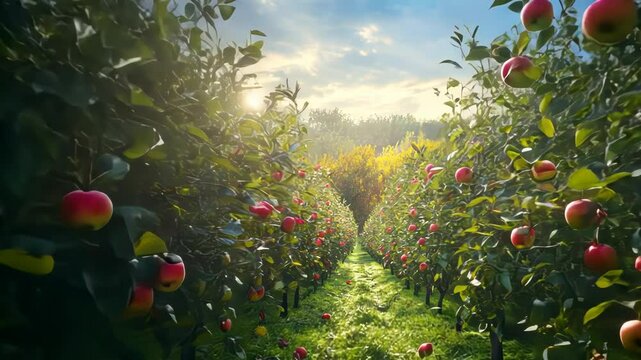 Orchard scene with red apples natural sunlight harvest season abundance