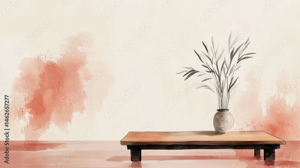 Poster a serene composition features a wooden table with a simple vase holding bamboo. the background showc