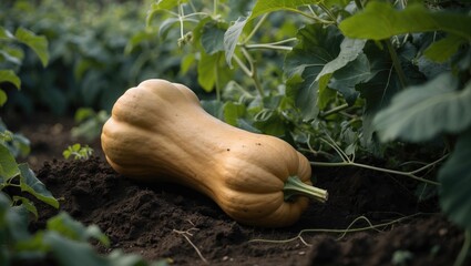 Healthy squash plant with ripe butternut and pumpkin in farm field