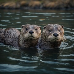 Otters Floating in a River