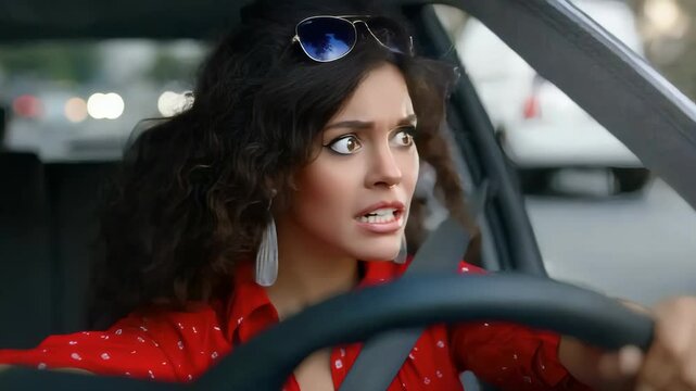 Woman driving car: humorous scene, anxious reaction, joyful expression, comical moment, nervous laugh, scared driver, quirky situation, funny scenario, frightened smile, playful energy.